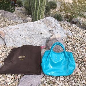 Turquoise patent leather satchel handbag